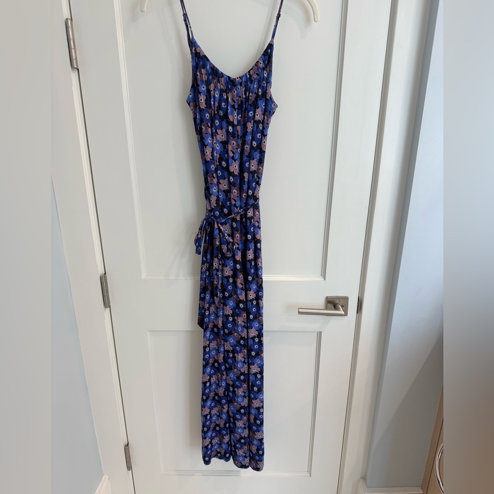 No. 6 Blue and Pink Floral romper with matching tie belt and adjustable straps.
